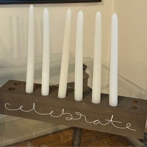 Jaxn Blvd “Celebrate” Wooden Candle Holder - Brown and White